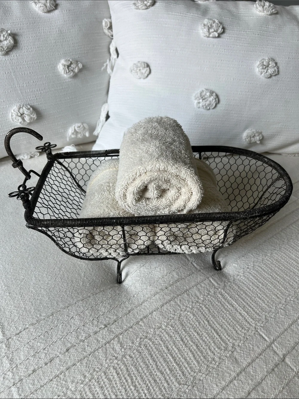 Vintage, French Country style Black Wire Mesh Bathtub Decorative Basket